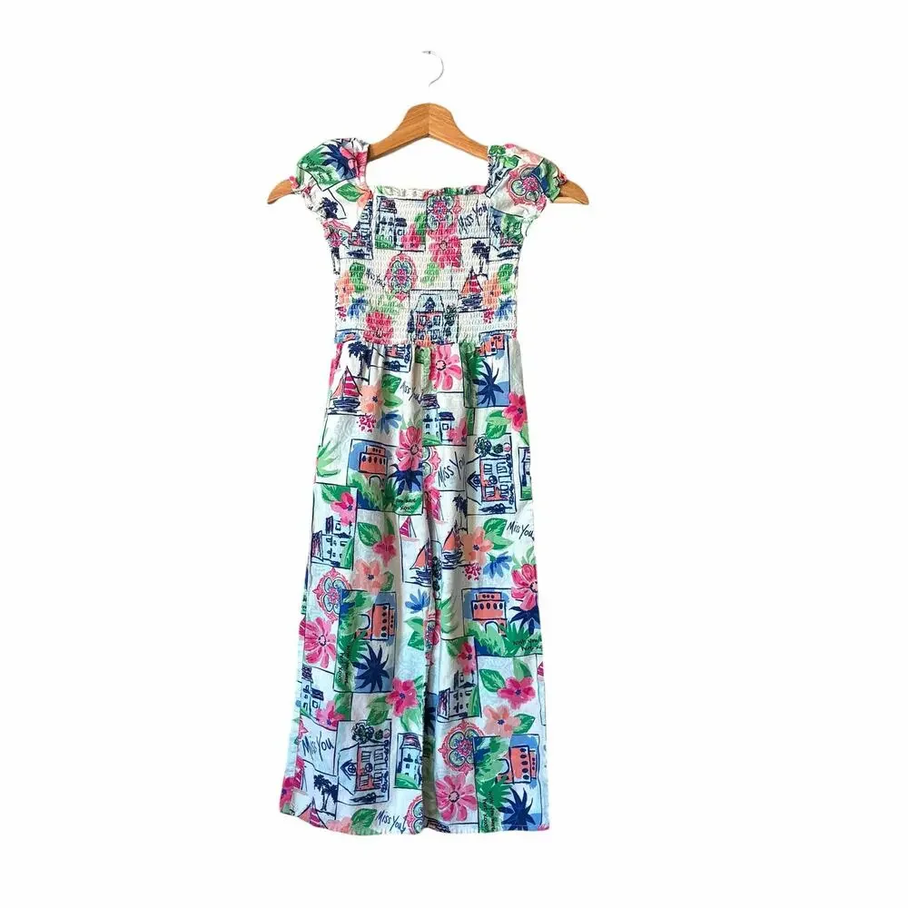 Gymboree Girls Short Sleeve Vacation Linen-Blend Smocked Jumpsuit